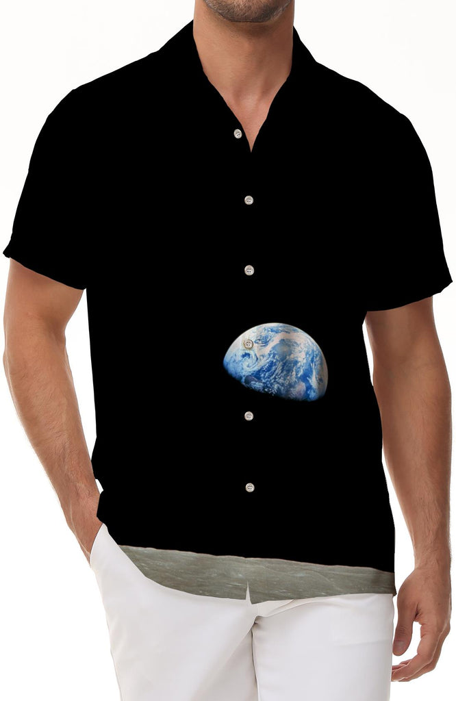 Mini Earth Personalized Outer Space Moon Men's Casual Travel Fun Short Sleeve Shirt Hawaiian Digital Print Top