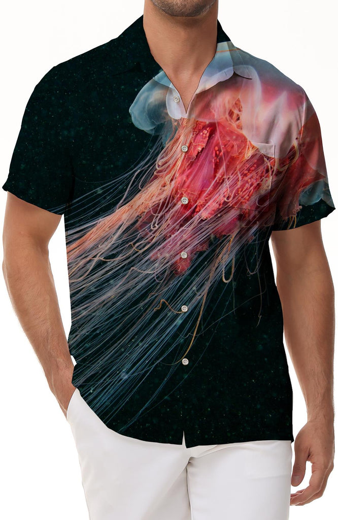 Exquisite watercolor art jellyfish men's Hawaiian shirt short sleeve button casual shirt suitable for seaside beach