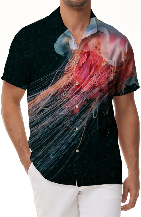 Exquisite watercolor art jellyfish men's Hawaiian shirt short sleeve button casual shirt suitable for seaside beach