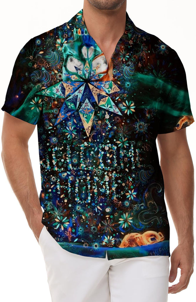 Personalized colorful geometric men's watercolor mandala print shirt with slightly stretch short sleeve beachwear