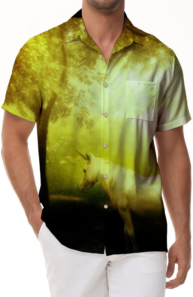 Golden Dream Men's Short Sleeve Button Unicorn Shirt Tropical Season Regular Fit Digital Print Beach Shirt