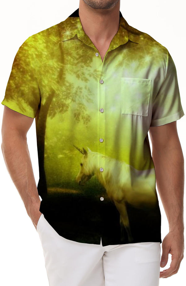 Golden Dream Men's Short Sleeve Button Unicorn Shirt Tropical Season Regular Fit Digital Print Beach Shirt