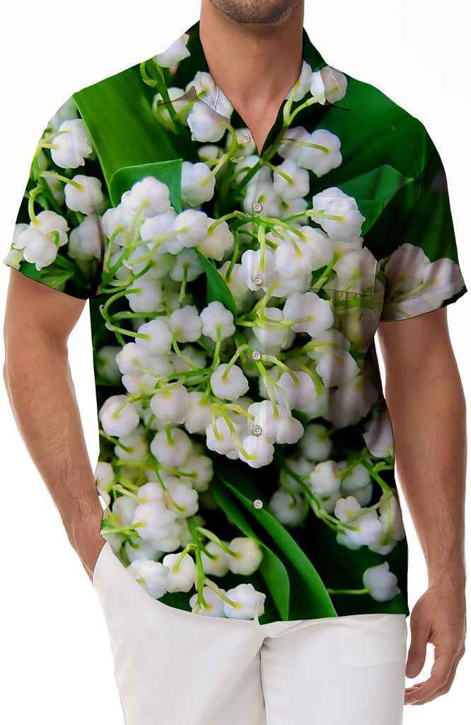 Lily of the valley green leaves men's casual loose shirt summer short sleeve Hawaii four seasons tropical button lapel pocket beach clothes