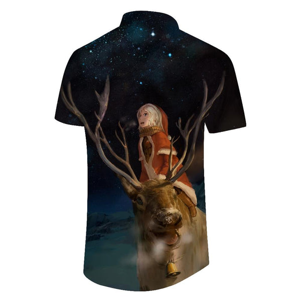 
Deer in the forest at night galaxy men shirt button down lapel short sleeve Hawaiian shirt short sleeve for outdoor fishing walking
                