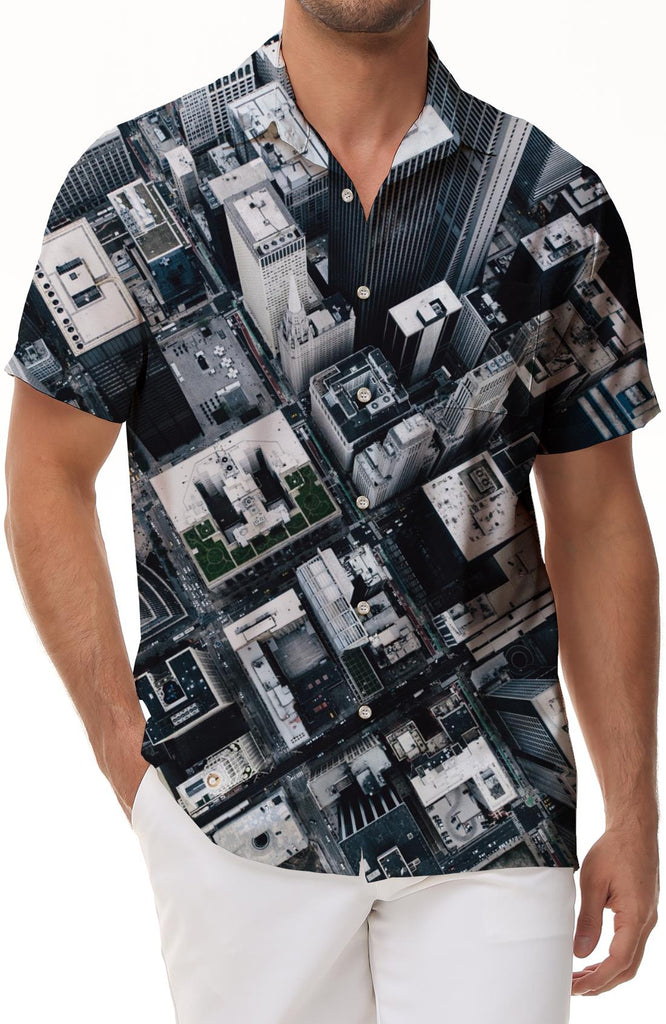High-rise buildings 3D digital printing men's casual short-sleeved button-down shirt Hawaiian trendy beach seaside tops