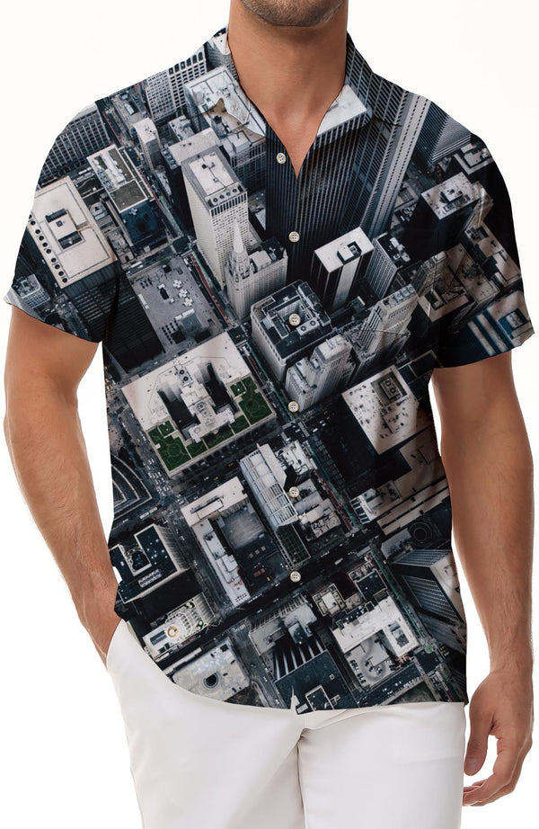 High-rise buildings 3D digital printing men's casual short-sleeved button-down shirt Hawaiian trendy beach seaside tops