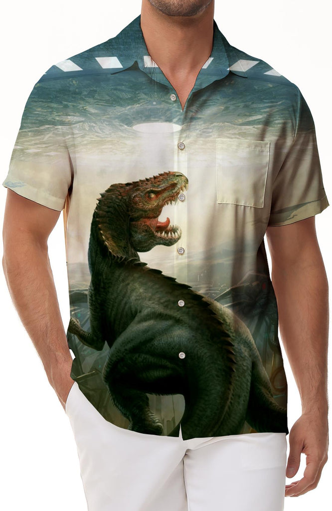 Men's Polyester Tree Overlord Alien Spaceship Print Funny Short Sleeve Christmas Dinosaur Casual Fashion Comfortable Short Sleeve Shirt Breathable