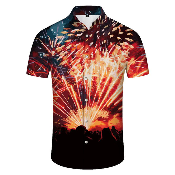 
Beautiful fireworks 3D print Cuban collar short sleeve shirt for men's beach and casual wear
                
