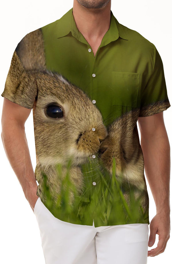 Rabbit Print Men's Short Sleeve Button Shirt Casual Loose Summer Beach Shirt Men's Dress Shirt