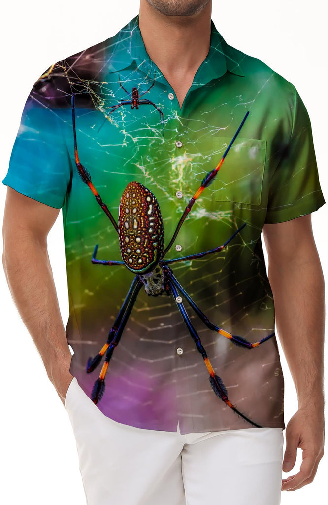 Hawaiian Shirt Men's Short Sleeve Button Shirt Venomous Spider Hunting Web Casual Beach Shirt Short Sleeve