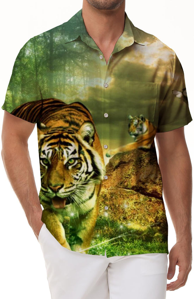 Fashion Hawaiian Shirt Men's Short Sleeve Beach Shirt King of the Jungle Summer Casual Button