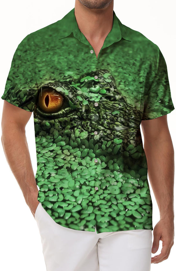 Crocodile Lurking Green Men's Hawaiian Shirt Short Sleeve Button Shirt Summer Beach Casual Shirt Button