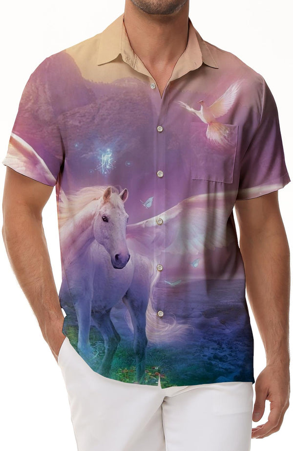 White Horse Daily Men's Printed Graphic Short Sleeve Regular Casual Lapel Shirt Pocket Hawaiian Outfit