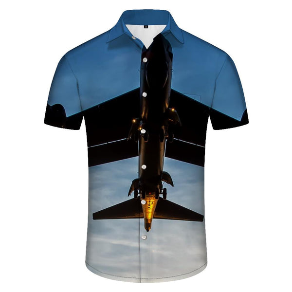 
Daily travel white airplane Hawaiian sand button lapel pocket beach wear tops printed men's outdoor street short-sleeved shirt
                