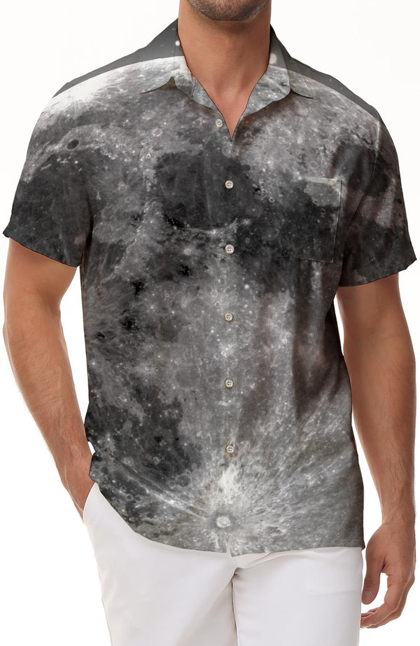 Oversized Moon Climbing Moon Men's Short Sleeve Shirt Hawaiian Tropical Lapel Tie Pocket Button