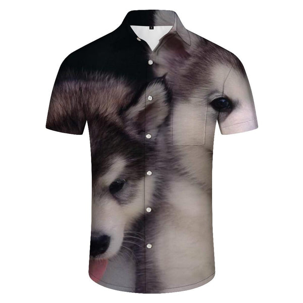 
Husky Print Casual Fashion Beach Summer Shirt Men's Short Sleeve Button Top Shirt Cute
                