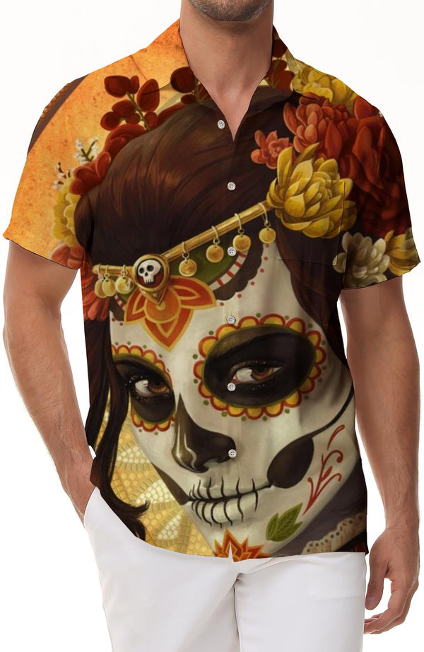 Day of the Dead Wood Retro Skull Pattern Print Men's Casual Loose Hawaiian Button Lapel Fashion Short Sleeve Shirt Men