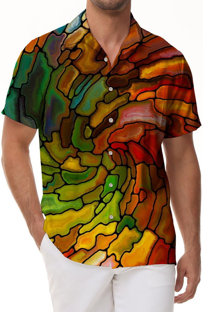 Polyester casual shirt men's loose daily short sleeve wide version casual shirt summer Hawaiian shirt short sleeve color plaid