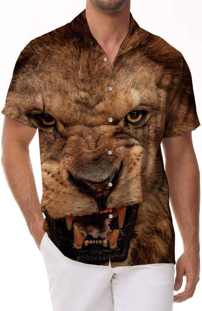 Cool Fierce Lion Style Graphic Short Sleeve Button-Up Beach Shirt Tropical Hawaiian Button-Up Lapel Short Sleeve Shirt