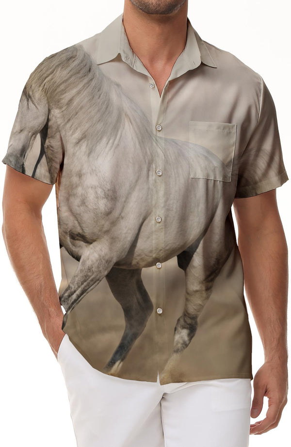 Running elegant white horse beach summer short-sleeved men's casual shirt print pattern beach dinner