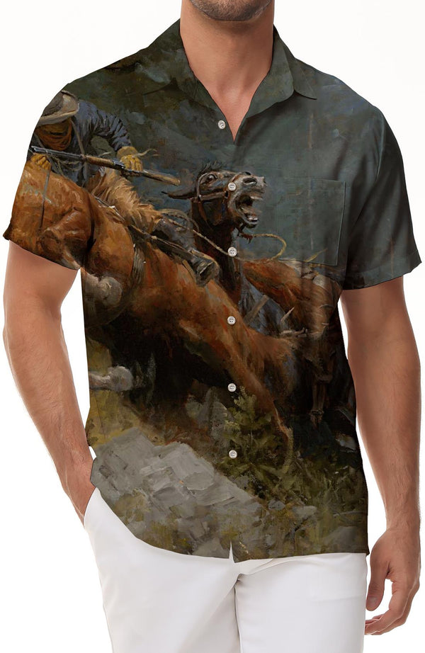 Oil painting style fashion 3d print pattern men's casual button-down shirt short sleeve retro comfortable breathable top trend