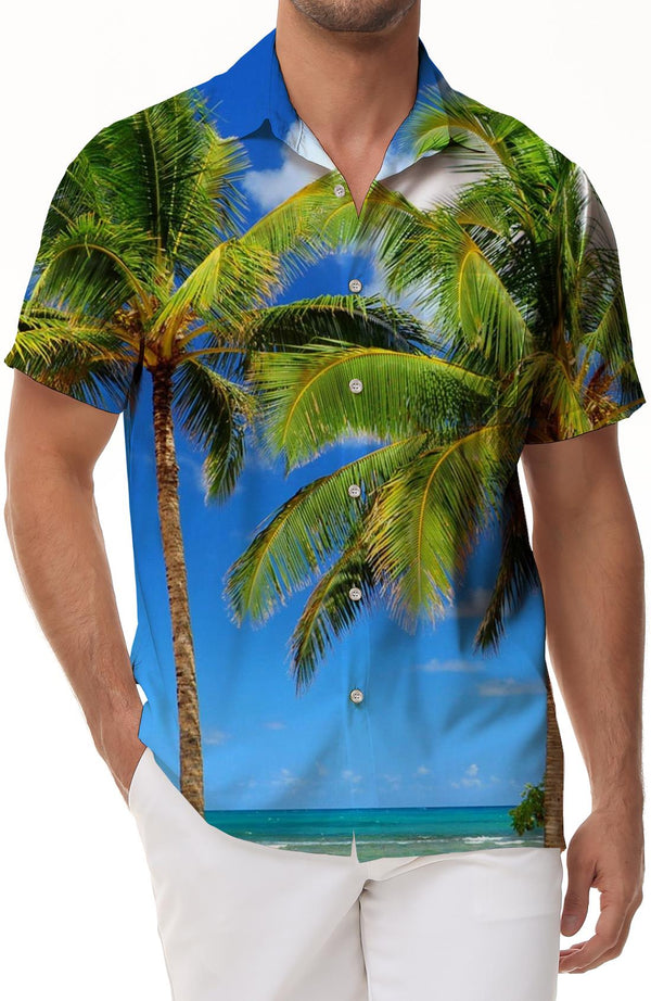 
Seaside coconut tree print pattern tropical summer Hawaiian button-down lapel short-sleeved shirt men's casual loose short-sleeved top
                