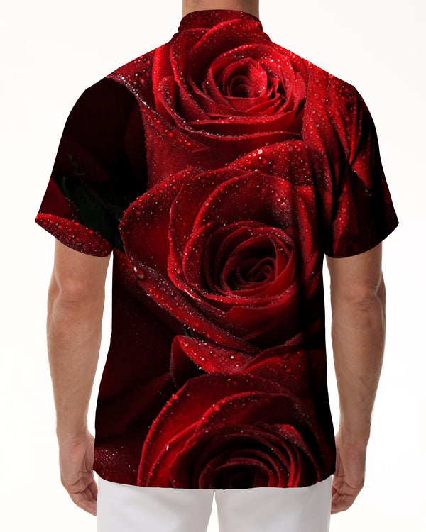 
Red rose pattern fashion men's romantic loose short sleeve shirt suitable for wedding party dance performance beach party
                