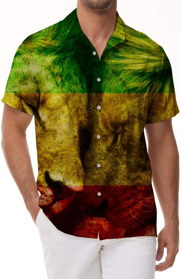 Men's Red Yellow Green Rasta Flag Warm Animal Print Shirt Hawaiian Casual Short Sleeve Shirt Button Pocket Shirt
