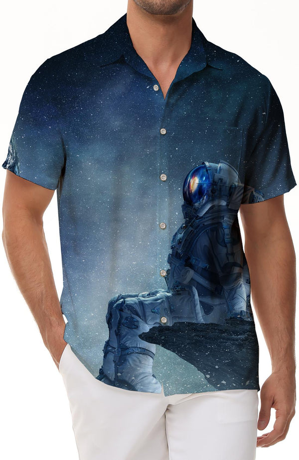 Tropical Silver Sea Astronaut Galaxy Space Men's Casual Hawaiian Beach Shirt Short Sleeve Button Collar