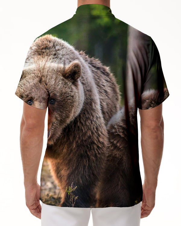 
Brown bear in the forest Men's button down shirt Short sleeve breathable shirt with pockets
                
