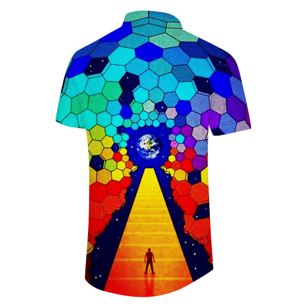 
Abstract personalized geometric fantasy space men's Hawaiian shirt colored glass summer short-sleeved shirt button casual beach
                