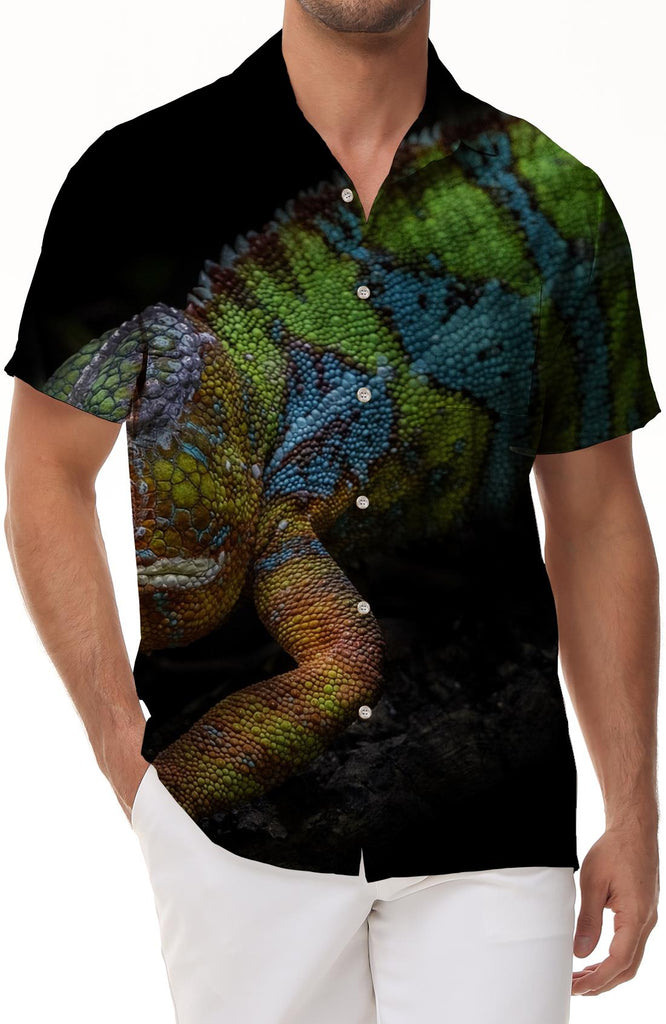 Animal Chameleon Lizard Mens Hawaiian Shirt Short Sleeve Button Down Hawaiian Shirt With Pockets