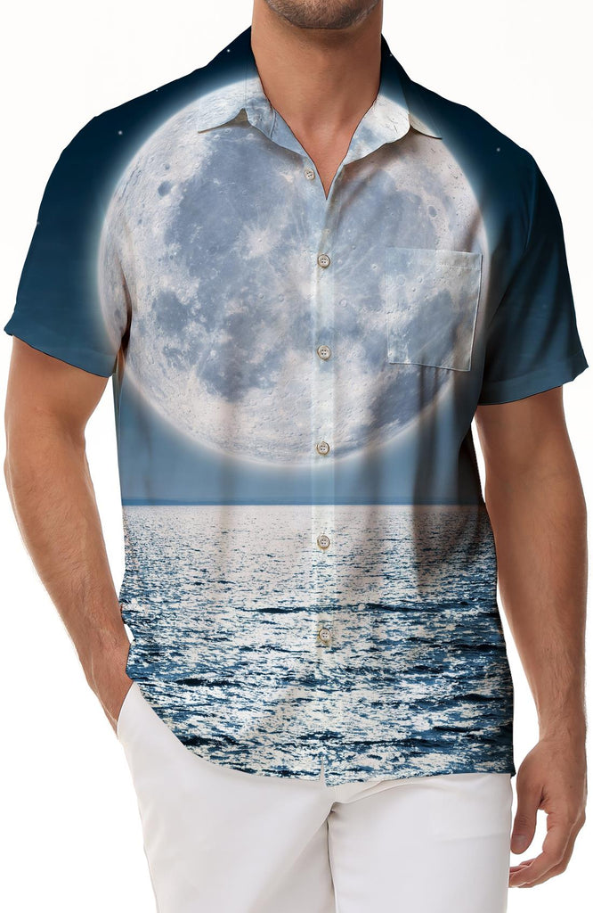 Comfortable and breathable seaside moon digital printing fashionable men's daily travel short-sleeved shirt Hawaii