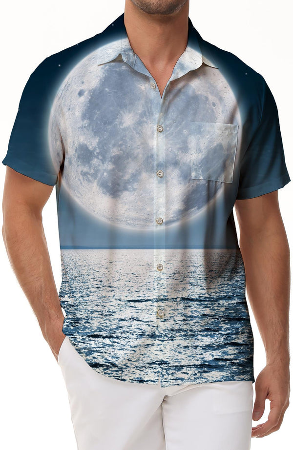 Comfortable and breathable seaside moon digital printing fashionable men's daily travel short-sleeved shirt Hawaii