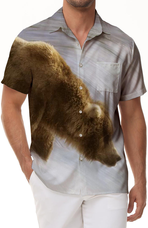 Sport Downhill Bear Style Vintage Men's Cuban Collar Shirt Casual Button Shirt Short Sleeve Beach Vacation