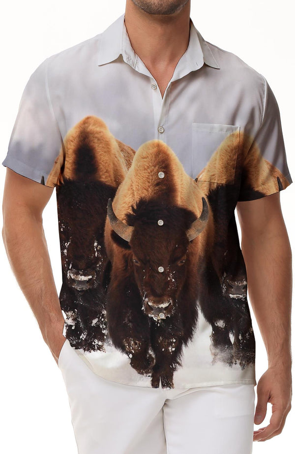 Angus Cattle Tropical Buffalo Summer Men's Casual Daily Travel Casual Button Shirt Comfortable Breathable Hawaiian Shirt