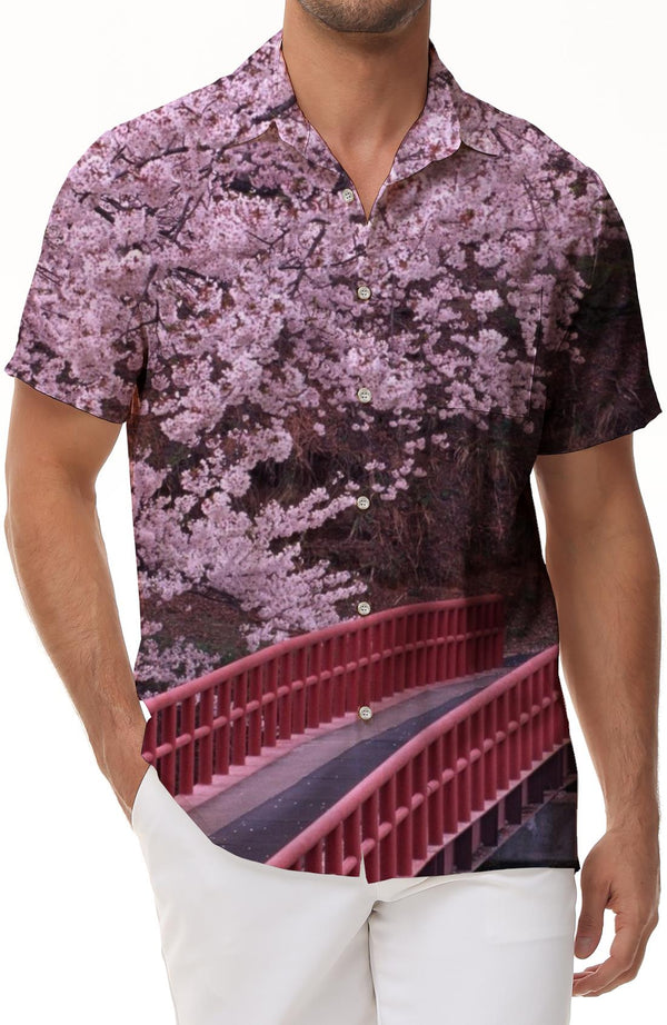 Spring Red Bridge and Sakura Hawaiian Shirt Men's Short Sleeve Casual Summer Beach Shirt