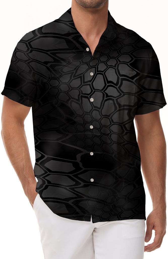 Black geometric texture men's lapel shirt summer beach short-sleeved button-down casual shirt