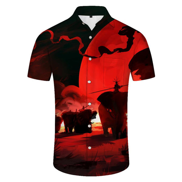 
Red ancient riding elephant tropical four seasons pattern printing men's fashionable and comfortable breathable seaside shirt short sleeve button pocket elephant shirt Hawaii
                