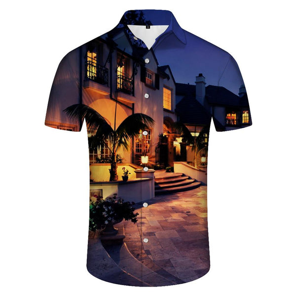 
Tropical summer house print pattern tropical Hawaiian retro casual short sleeve fashion men's
                
