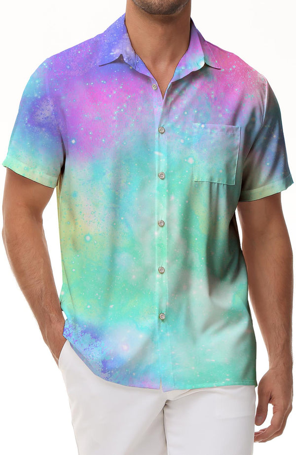 Colorful Starry Sky Pattern Men's Fashion Trend Short Sleeve Button Shirt Tropical Hawaiian Button Lapel Regular Shirt