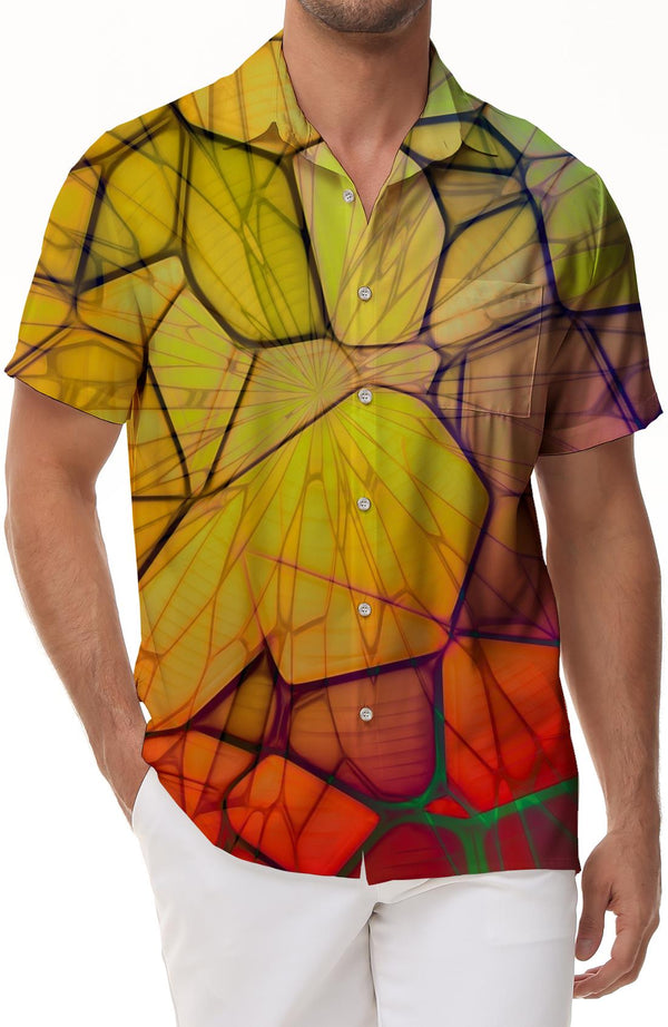 Indoor Yellow Short Sleeve Shirt Printed Casual Hawaiian Button Shirt Short Sleeve Beachwear Abstract Geometric Pattern Clothing