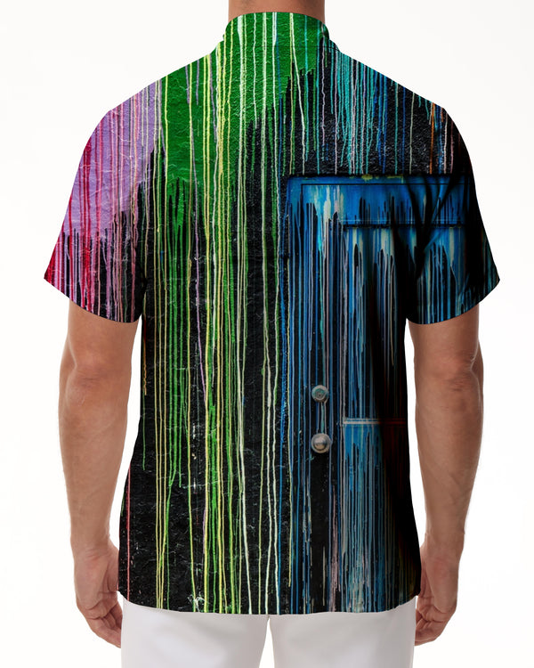 
Wall rainbow watercolor casual loose men's short-sleeved shirt Hawaiian button-down loose lapel top seaside summer trend
                