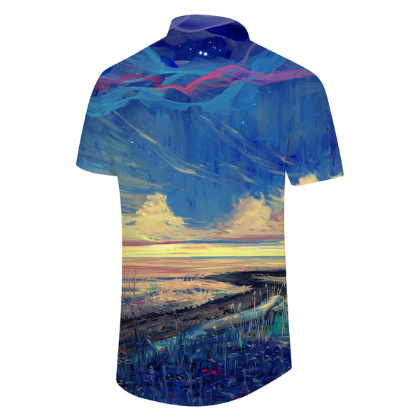 
Oil painting landscape art style summer clouds shirt men's Hawaiian casual short sleeve shirt pattern button pocket top fashion
                