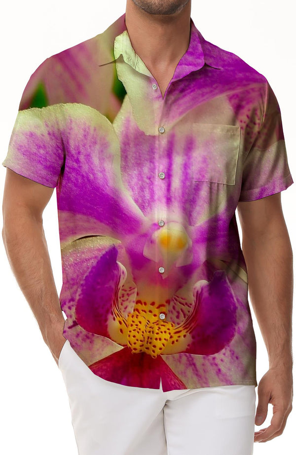 Men's short sleeve orchid print retro lapel beach shirt casual shirt suitable for outdoor fishing seaside beach party