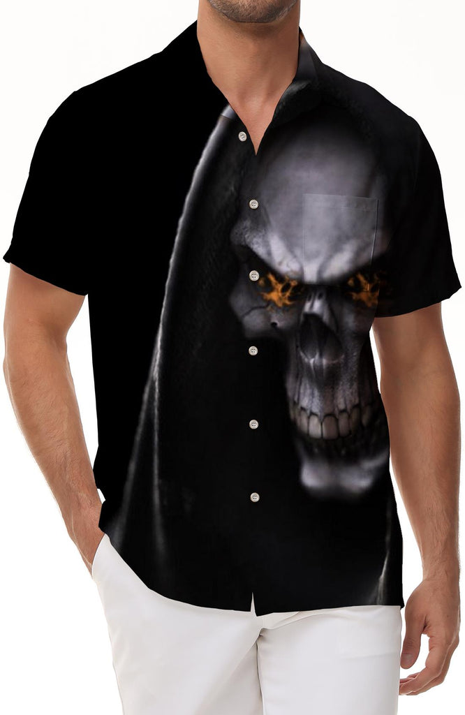 Dark Skull 3D Digital Print Pattern Casual Christmas Tops Men Halloween Print Short Sleeve Button Shirt Retro Men