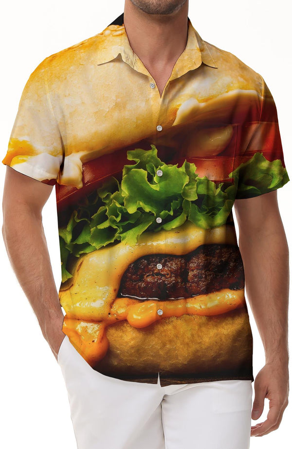 Delicious Thousand Layer Burger Men's Fun Printed Short Sleeve Shirt 3D Digital Print Pattern Hawaiian Tropical Beach Shirt Seaside Short Sleeve Summer