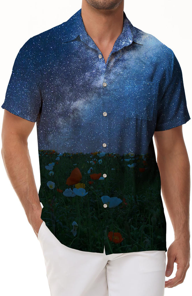 Galaxy Flower Sea Short Sleeve Shirt Fashion Hawaiian Tropical Digital Print Lapel Pocket Button Beach Seaside Top