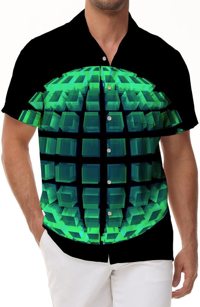 Black abstract geometric green geometric small square short-sleeved shirt casual men's lapel 3d digital printed top