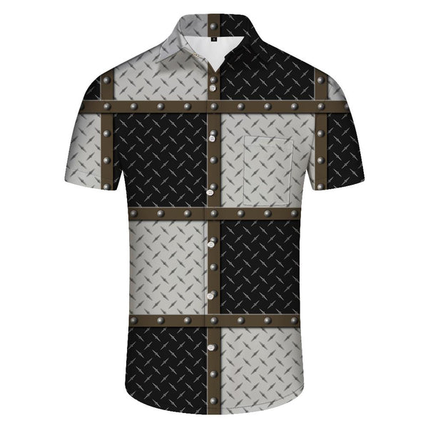 
Creative personality rivet decoration patchwork shirt, men's fashionable short-sleeved casual wear, black, white and gray contrasting design top
                